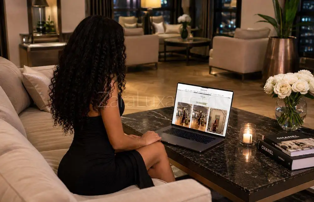 Woman with long curly hair using laptop in luxurious lounge.