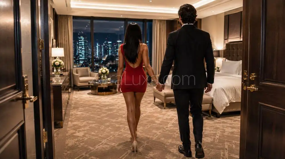 Zara Luxa wearing a red dress holding hands with a client